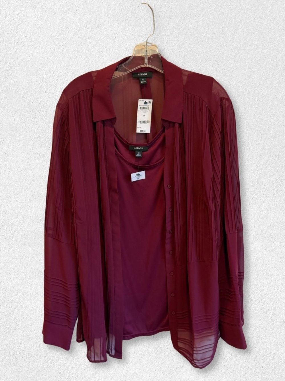 NWT Alfani 2-PC Sheer Pleated Blouse Set 3X Malbec Red Burgundy